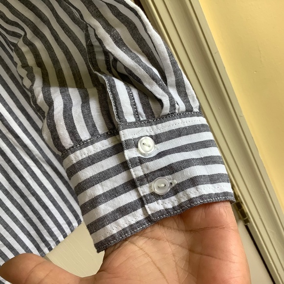 Rachel Hollis Woven Linen Striped Henley Shirt Grey White SZ 14 - Picture 11 of 16